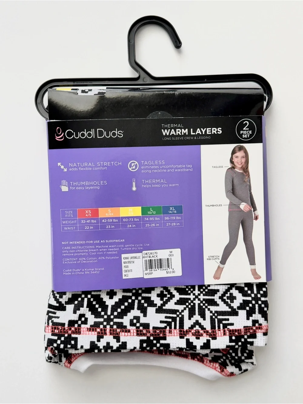 NWT Cuddl Duds Girls 2-Piece Thermal Set - Black & White Snowflake Pattern
